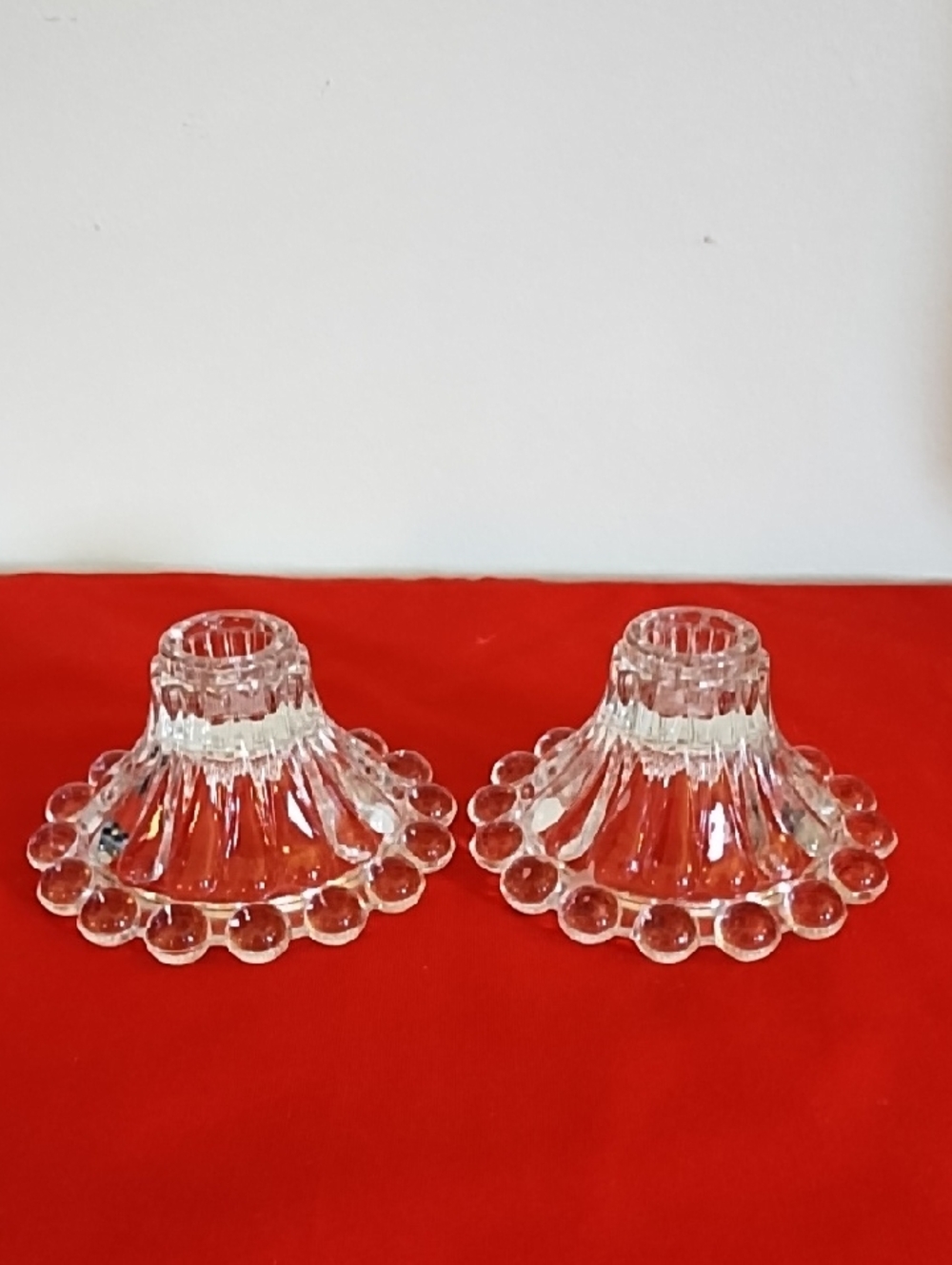 TWO ANCHOR HOCKING CLEAR BEADED EDGE CANDLE HOLDERS